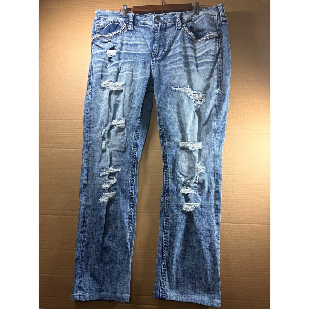 American Fighter Jeans Mens 38 Blue Defender Slim Straight Distressed Buckle
